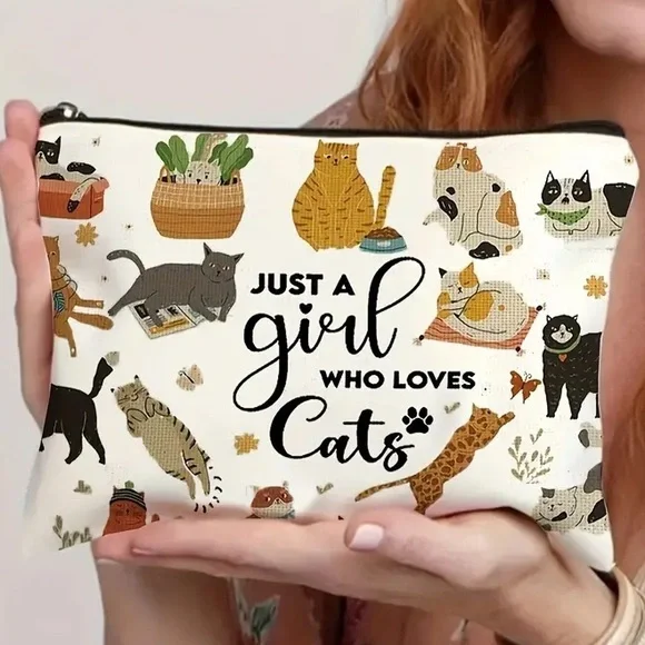 Cat Lover Cosmetic Bag “Just a Girl Who Loves Cats” - NEW - Picture 1 of 3
